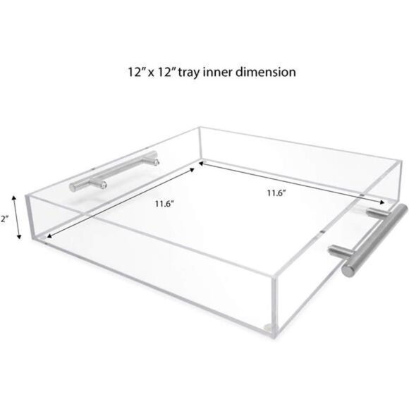 Clear Acrylic Serving Tray (12x12) with Silver Metal Handles, Spill-Proof - Picture 3 of 8